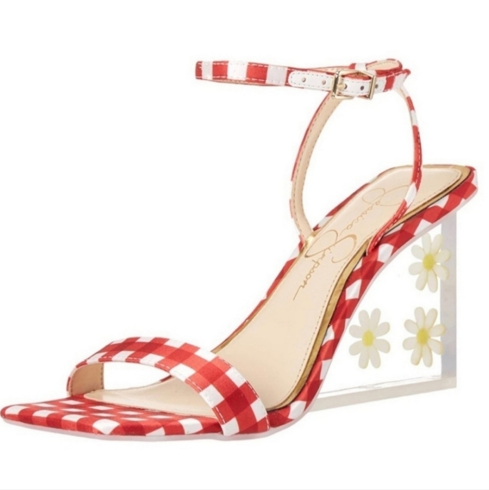 Jessica Simpson Aysie Acrylic Wedge Sandal Red Gingham Daisy - Picture 4 of 6